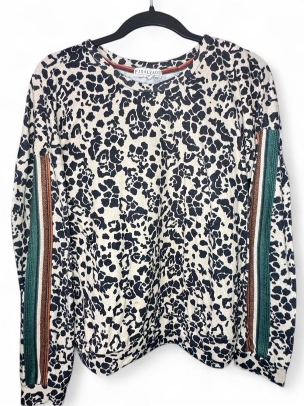 P.J. Salvage Cream and Black Leopard Sweater with Green & Brown Sleeve Stripes